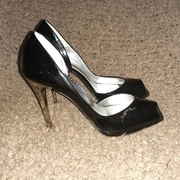 GERARDINA DI MAGGIO-Black Patent D'Orsay Peep Toe-Silver Stiletto-NM-SZ 35 - Picture 5 of 8